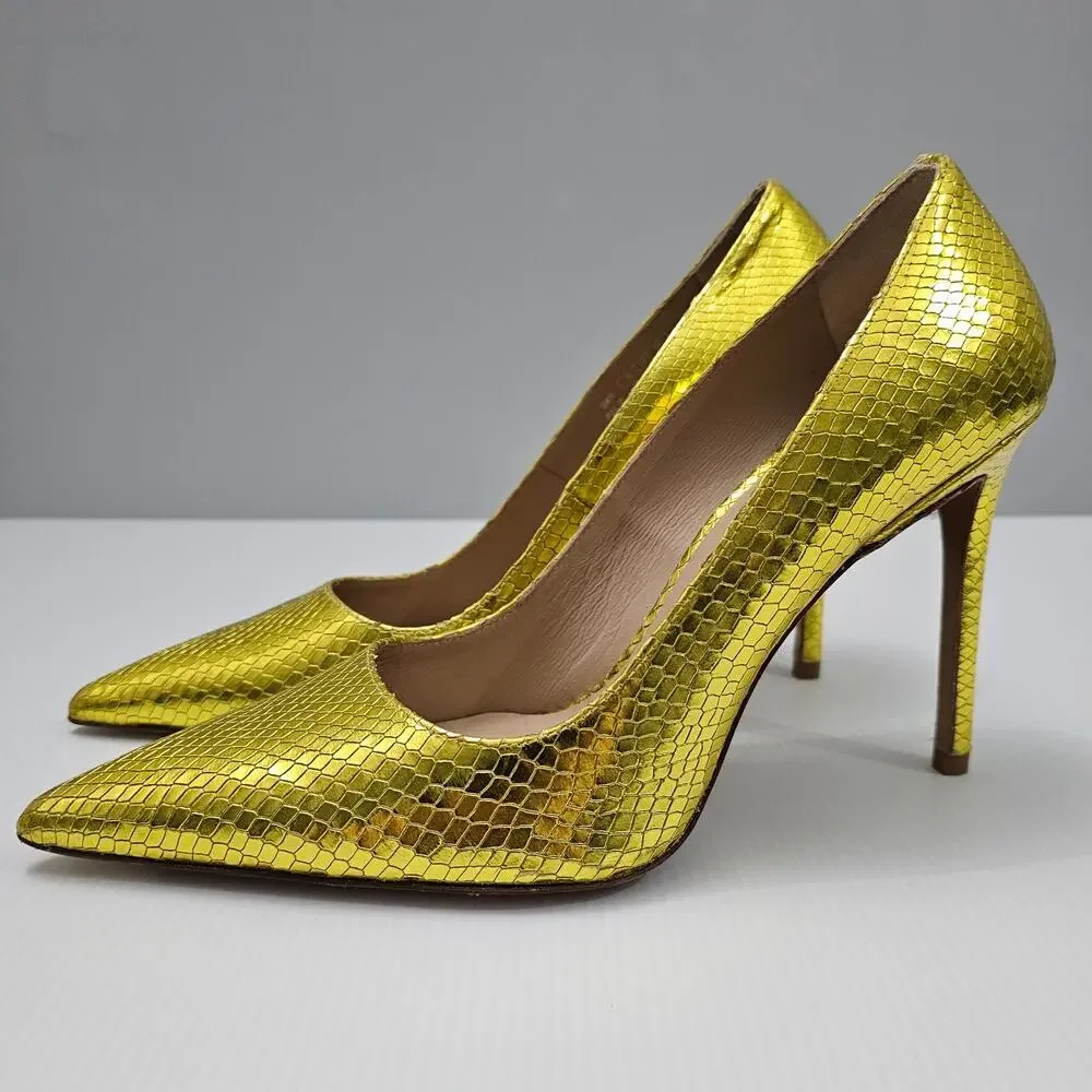 Stuart Weitzman Metallic Yellow Snakeskin Pointed-Toe Pumps - Picture 1 of 16